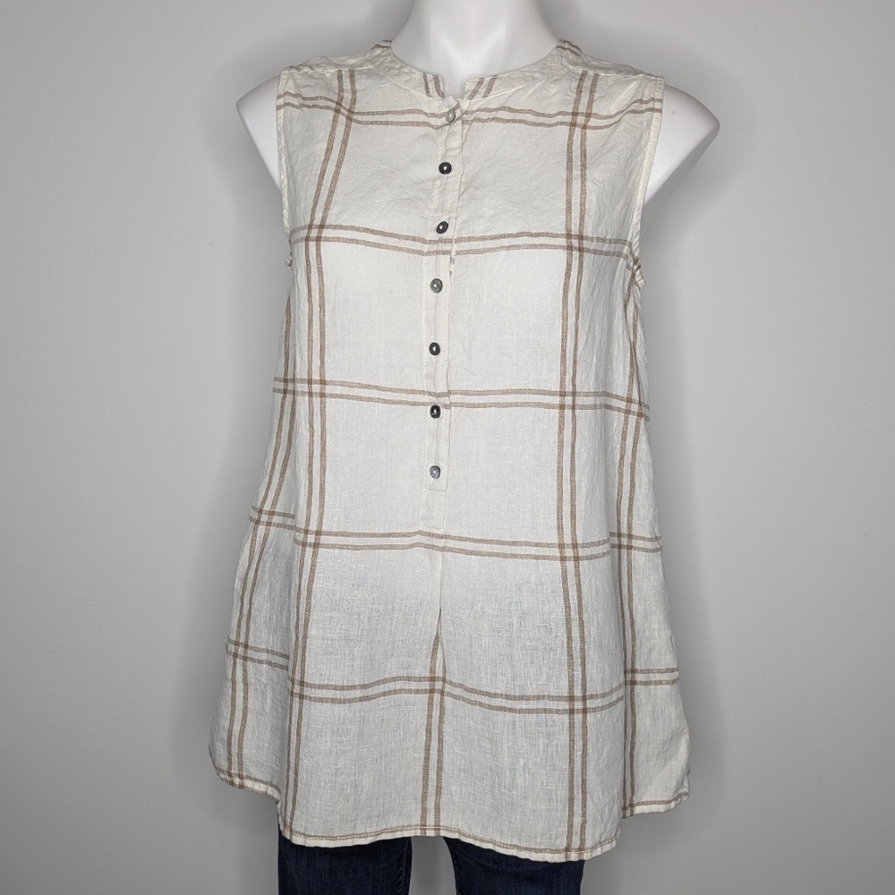 Christian Siriano White Tan Striped Button Up Linen Tank Top M